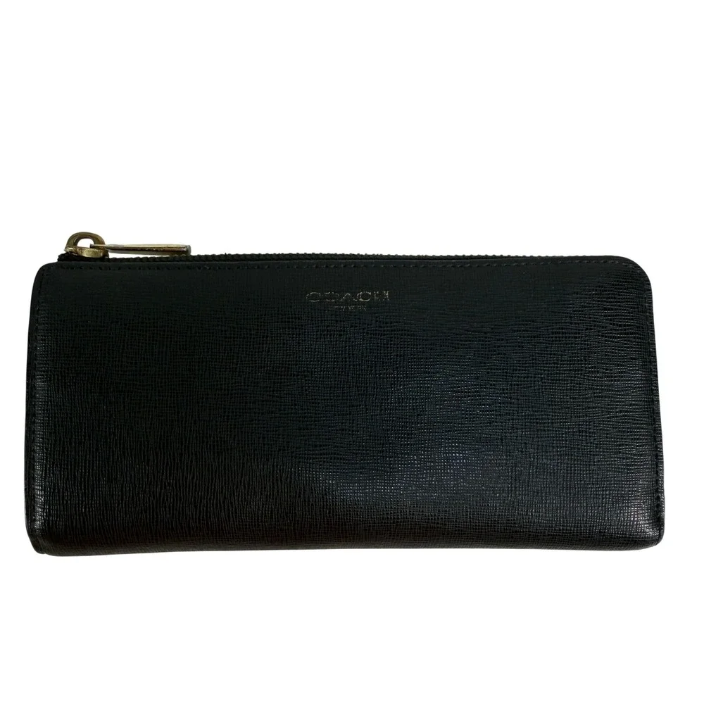 Coach Wallet Saffiano Accordion Black‎ Zip Crossgrain Leather Gold Tone Hardware
